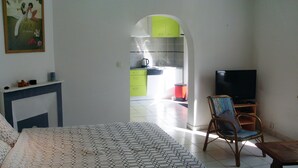 Une chambre à coucher avec un lit, une télévision et une chaise. On peut apercevoir une cuisine à travers une arche.
