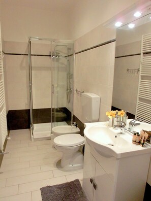 Douche, sèche-cheveux, bidet, serviettes fournies
