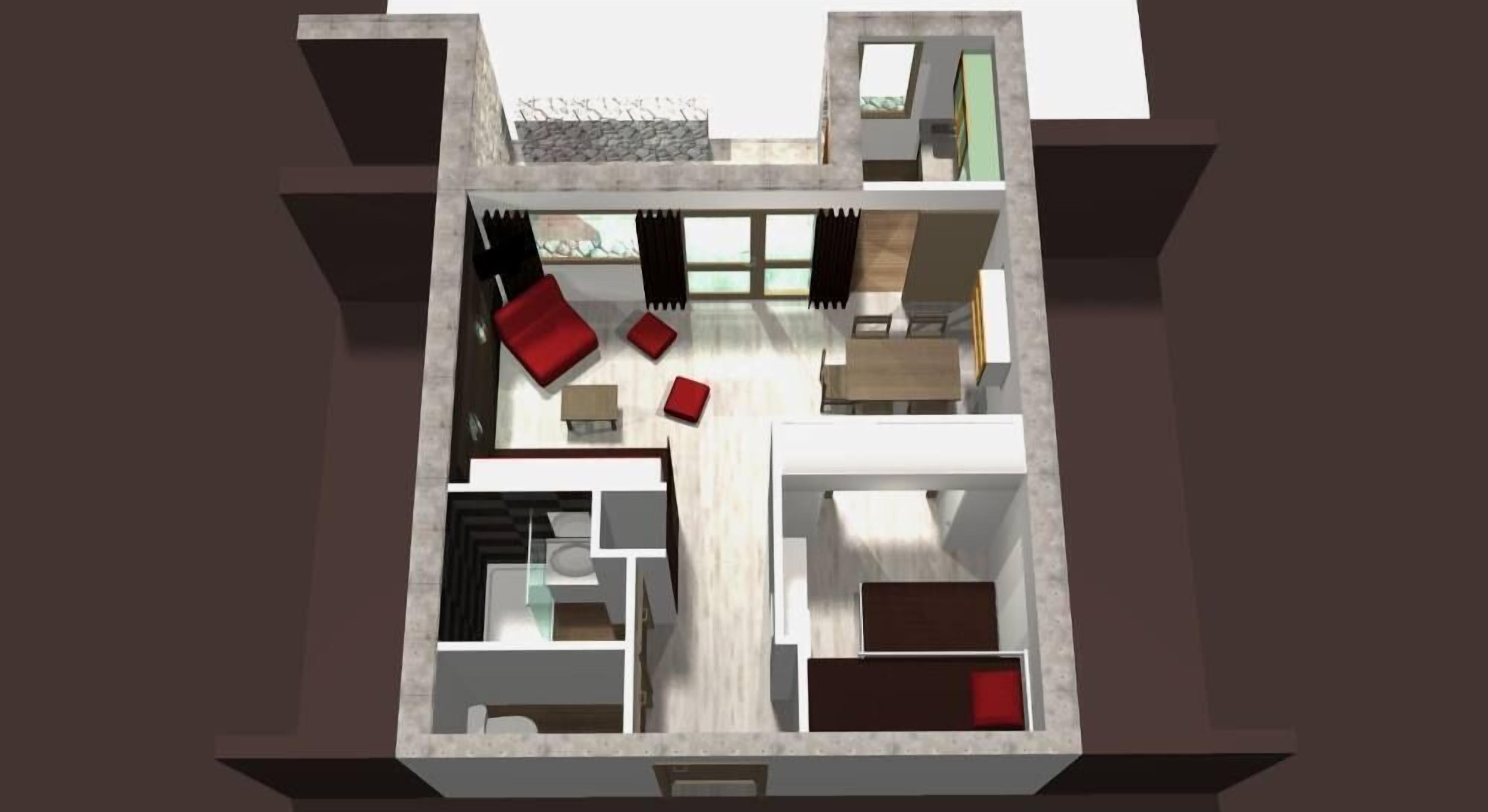 A 3D floor plan of a modern apartment with a living area, kitchen, dining space, and a small balcony.