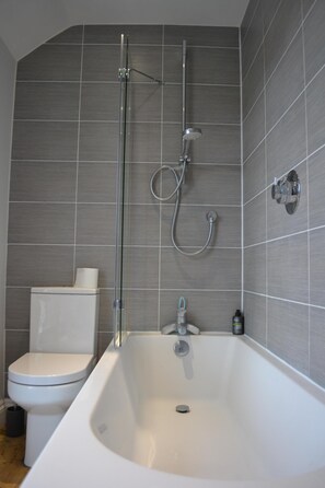 Combined shower/tub, hair dryer, towels, soap