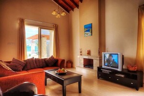 Smart TV, fireplace, DVD player, books