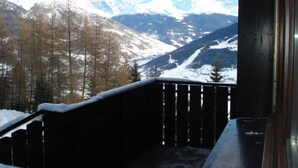 A balcony with a view of snow-covered mountains and trees.