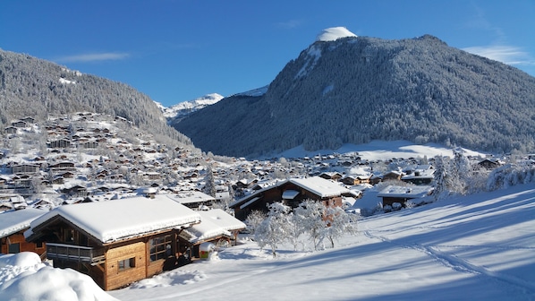 Ein schneebedecktes Dorf mit Holzhäusern, ein Berg im Hintergrund und ein klarer Himmel.