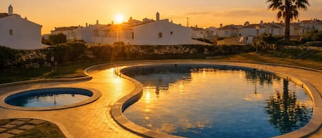 A swimming pool with a curved design, surrounded by a paved walkway and a palm tree.