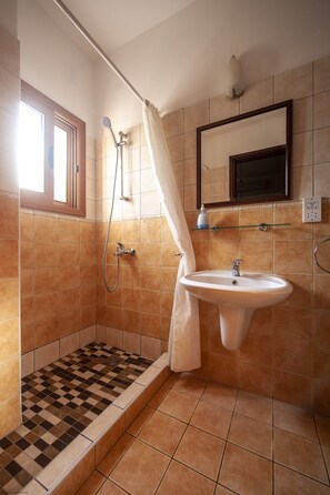 Ducha y bañera combinadas, secador de pelo y toallas