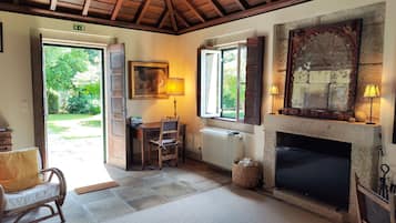 Smart TV, fireplace, books