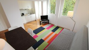 A compact living space with a kitchenette, a colorful striped rug, a gray sofa, and a television.