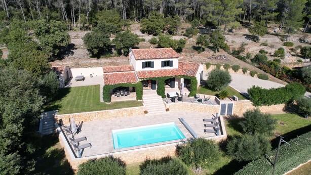 Ein Luftbild einer Villa mit Swimmingpool, umgeben von Bäumen und einem gepflegten Rasen.