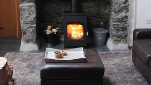 A stone fireplace with a wood-burning stove, a deer figurine on the mantel, and a small shelf with decorative items. - Stunning views of Snowdonia Mountains (Near Caernarfon)