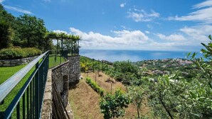 A stone wall with a metal railing, a pergola, and a view of a coastal town. - Villa Turtle with sea view and  private pool (Massa Lubrense)