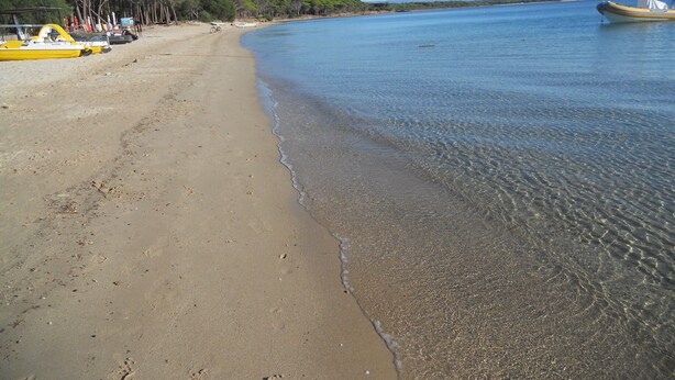 Ein Strand mit klarem Wasser, sandigem Ufer und Booten.