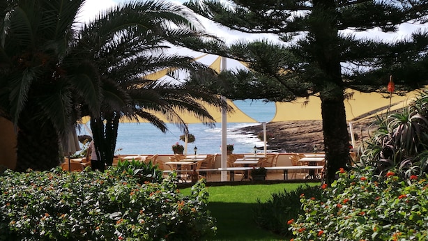 An outdoor seating area with tables and chairs, surrounded by lush greenery and palm trees, overlooking a coastal view. - WAKE UP TO THE SOUND OF THE SEA T1 CENTRAL-AIR CONDITIONING(FREE WIFI) 3' BEACH (Luz)