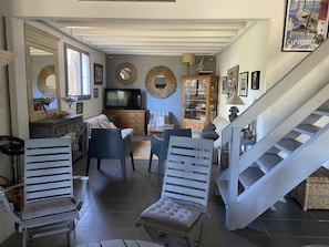 Télévision, cheminée, lecteur de DVD, table de tennis de table