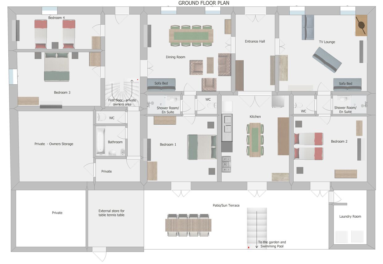 A ground floor plan of a hotel with multiple bedrooms, a dining room, a TV lounge, a kitchen, and a patio with a sun terrace.