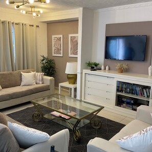 Smart TV, fireplace, DVD player, books