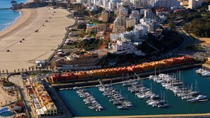 An aerial view of a coastal city with a beach, marina, and residential buildings.