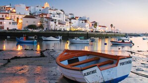 A coastal town with boats docked along the shore and buildings in the background.