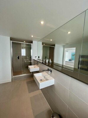 Combined shower/tub, hair dryer, towels, soap