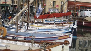 A row of boats docked at a harbor with a building in the background. - Flat - 2 rooms - 4 persons (Sanary-Sur-Mer)