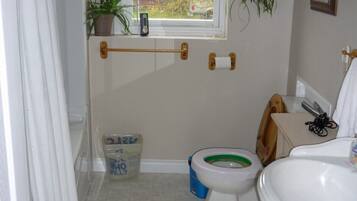 Combined shower/tub, hair dryer, towels, soap