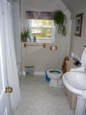 Duschwanne, Haartrockner, Handtücher, Seife