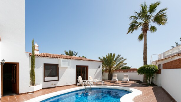 Una piscina con sillas de descanso, una palmera y un edificio blanco con techo de tejas.