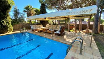 Outdoor pool, a heated pool, pool loungers