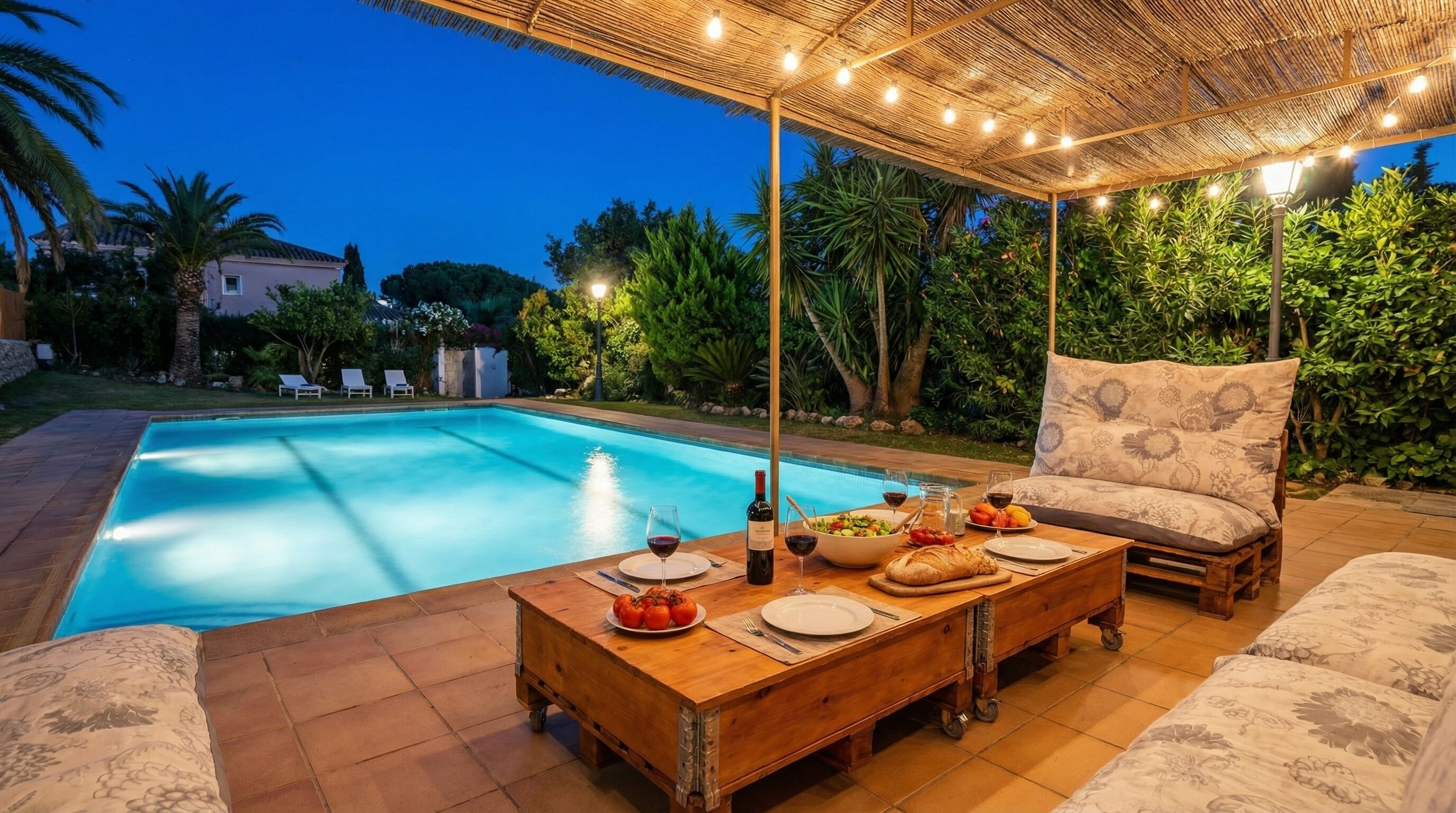 Utendørsbasseng, et oppvarmet basseng og solsenger