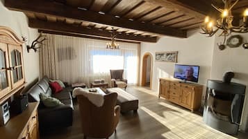 TV, fireplace, DVD player, books