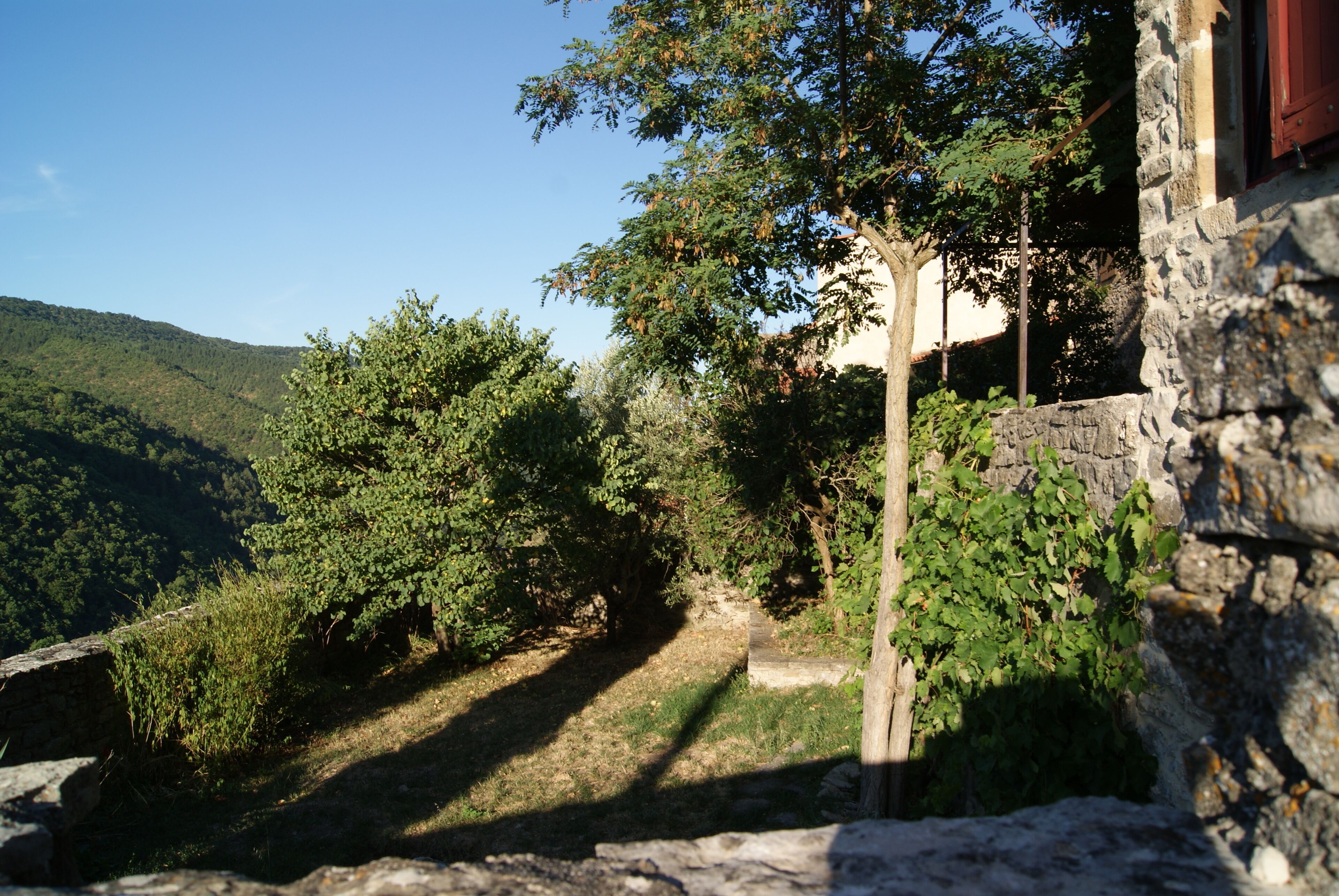 A stone building with a stone wall and a tree in front.