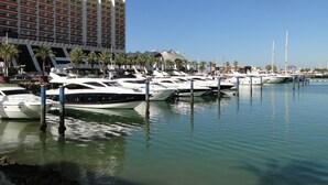 A marina with several yachts docked, a large hotel building in the background, and palm trees lining the waterfront. - Vilamoura, Good location with sea view and swimming pools (Vilamoura)