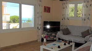 Un salon avec un canapé, une table basse, un téléviseur et une fenêtre avec des rideaux.