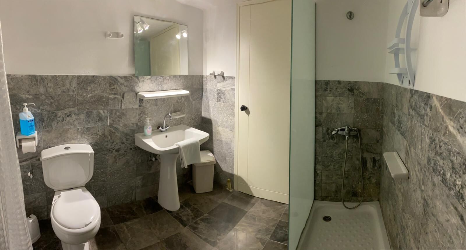 Shower, hair dryer, towels, toilet paper