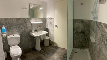 Shower, hair dryer, towels, toilet paper