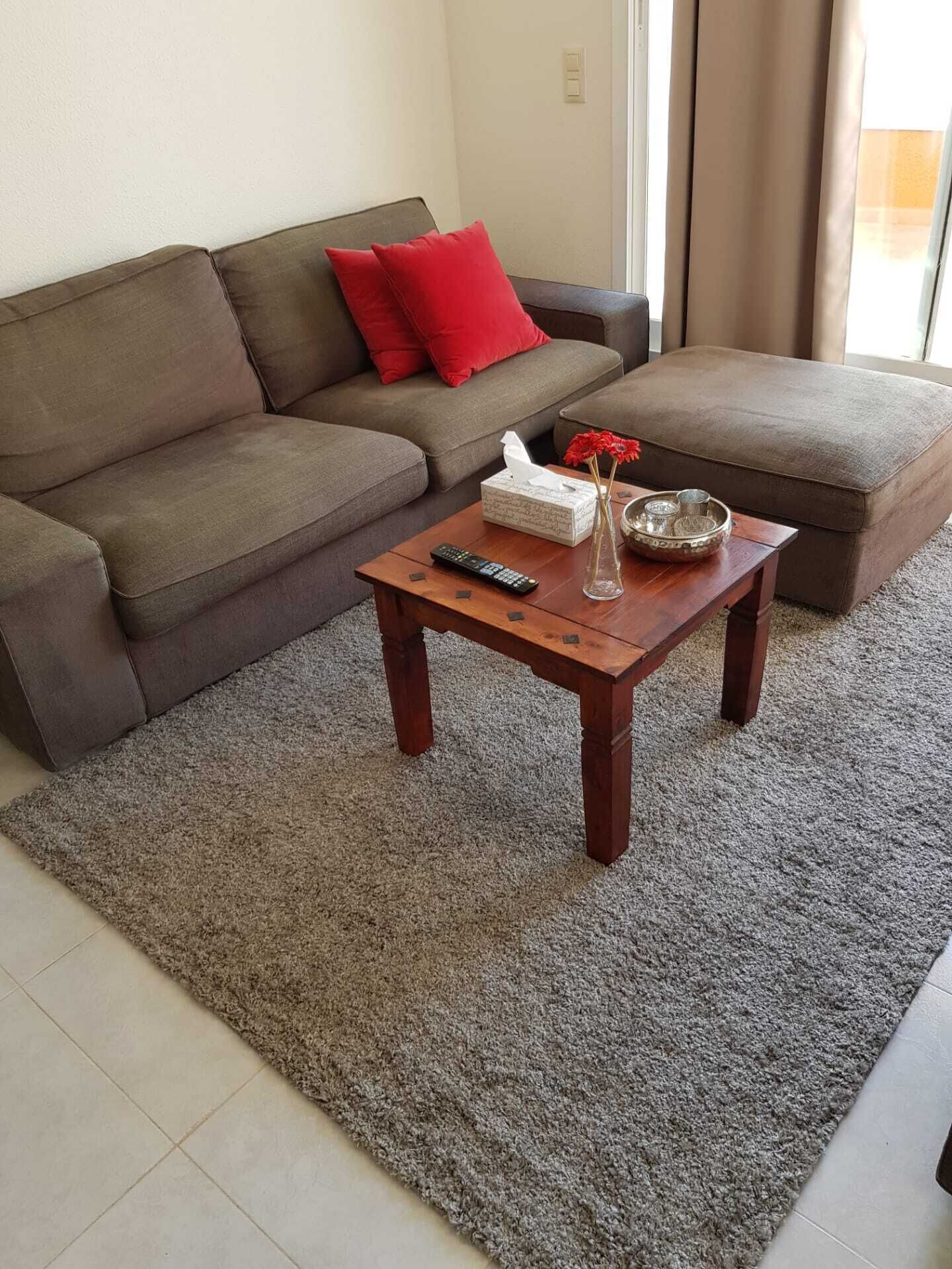 Ein Wohnzimmer mit braunem Sofa, einem Holztisch und einem grauen Teppich.