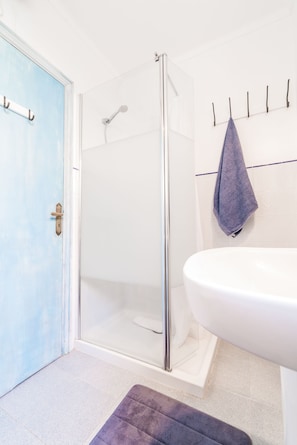 Shower, eco-friendly toiletries, hair dryer, towels