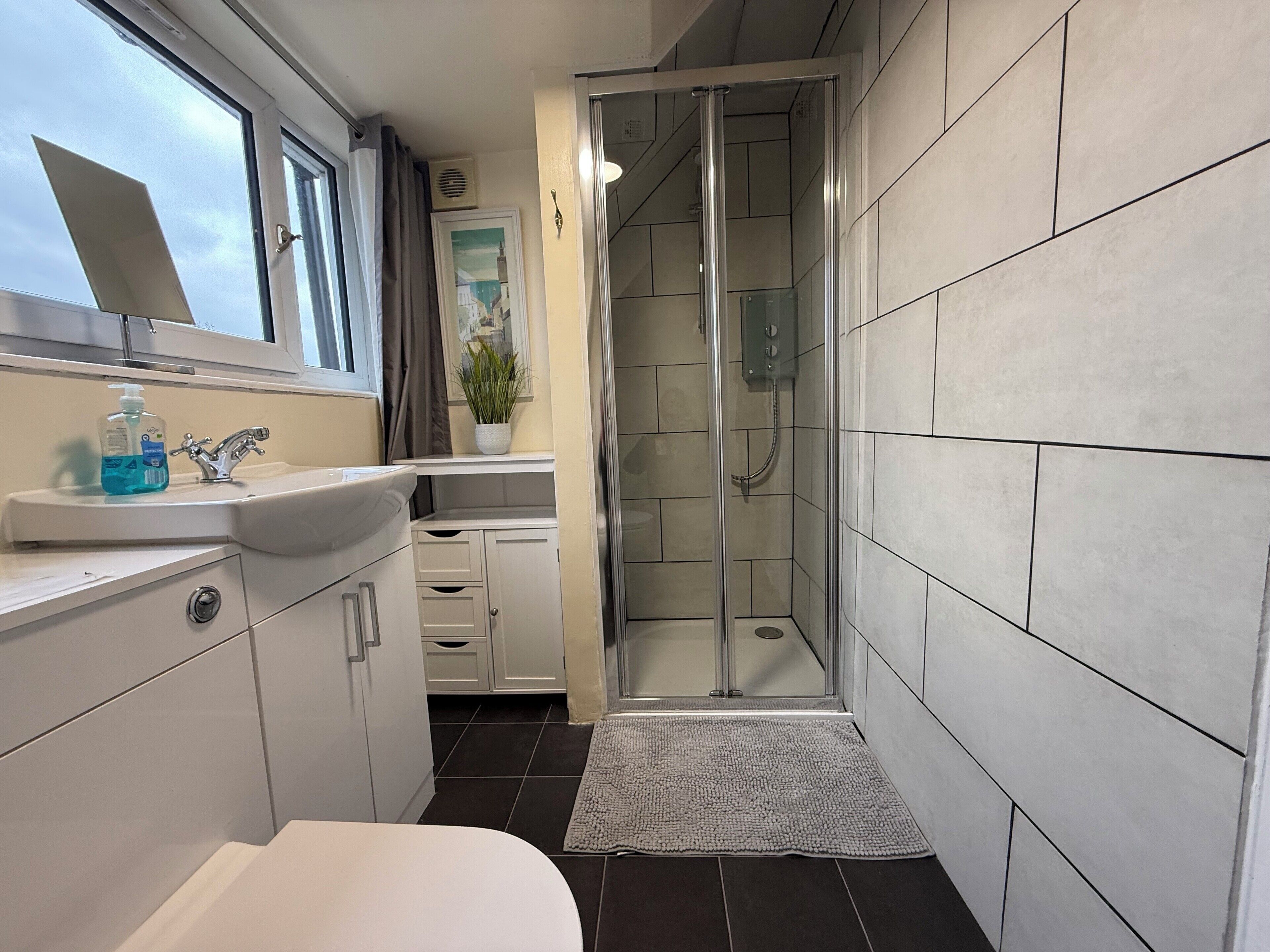 Shower, hair dryer, towels, toilet paper