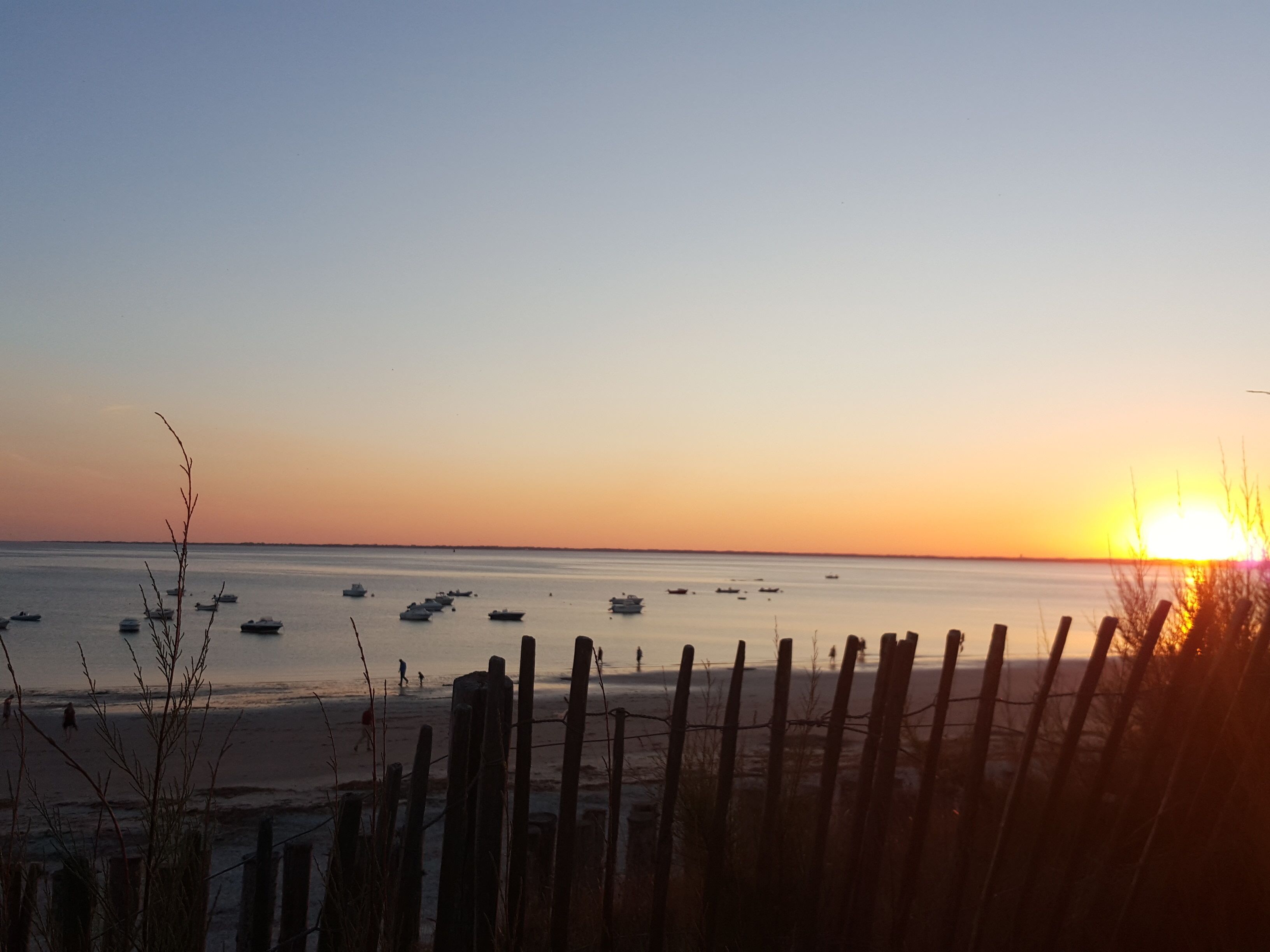 A beach scene with a wooden fence in the foreground, a calm sea, and boats in the distance.