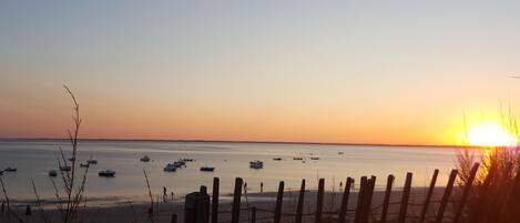 A beach scene with a wooden fence in the foreground, a calm sea, and boats in the distance.