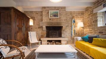 TV connectée, cheminée, livres