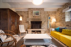 TV connectée, cheminée, livres