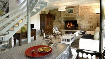 TV connectée, cheminée, livres