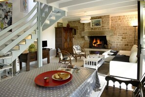 TV connectée, cheminée, livres