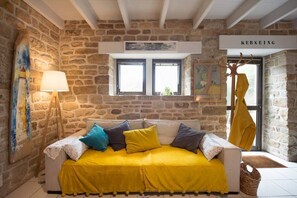 TV connectée, cheminée, livres