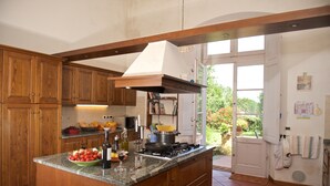 Une cuisine avec des meubles en bois, un îlot central doté d’un évier et une cuisinière. Une fenêtre offre une vue sur la verdure environnante.