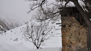 Een gebouw van steen met een houten trap en een boom in een besneeuwd landschap.