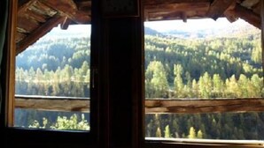 Een kamer met twee ramen met uitzicht op een bebost berglandschap.