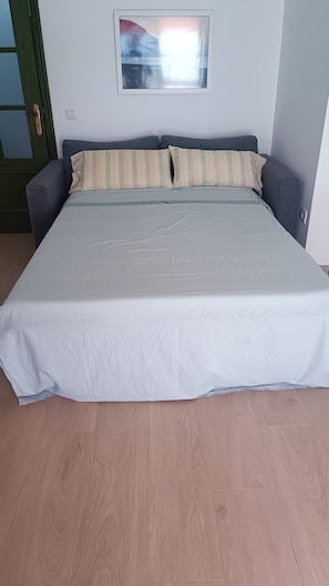 A bed with a white mattress and striped pillows, a wooden floor, and a door with a green frame.