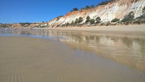 A beach with a sandy shore and a rocky cliff in the background.