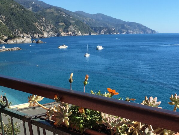 A coastal view with boats on the water, a mountainous backdrop, and a balcony with potted plants.